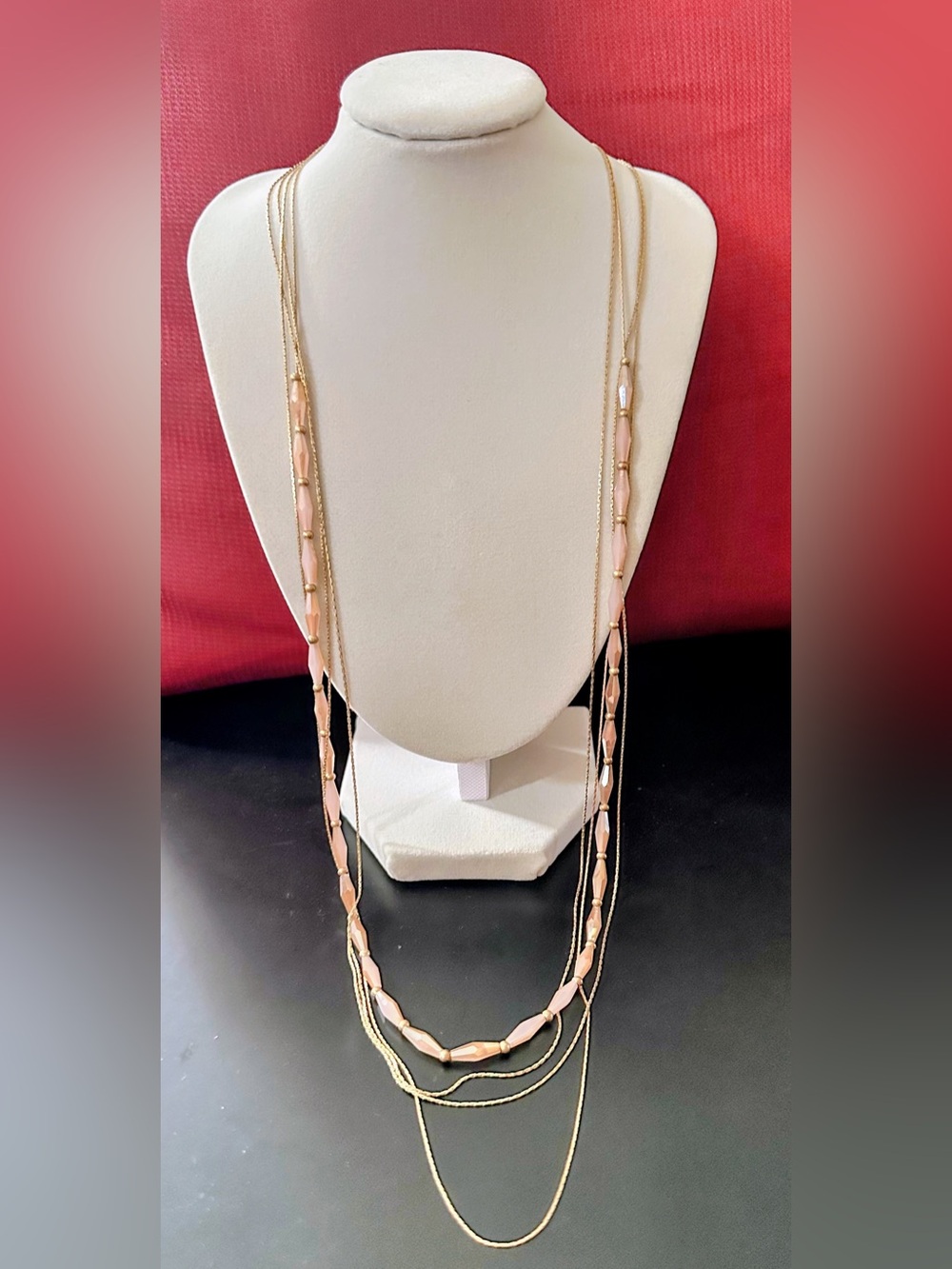 Plunder Posse Elegant 4-Layered Gold Tone Chains w/Blush Pink Stone Accents NEW